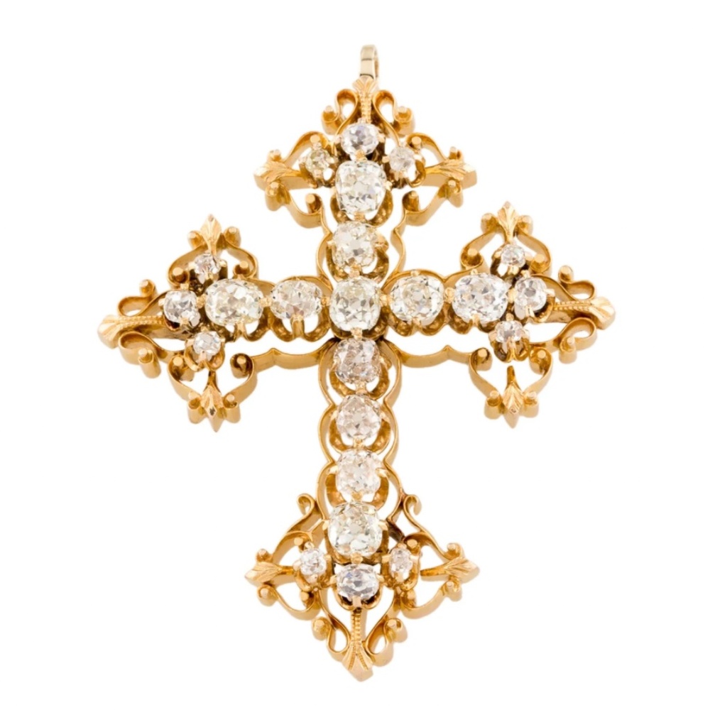 1870s Gold Cross w Mine Cut Diamonds